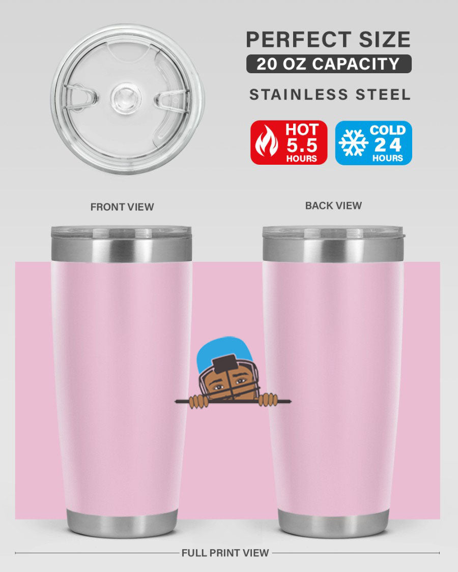 Black boy tumbler in 20oz and 30oz sizes, showcasing double wall vacuum stainless steel design with copper lining.