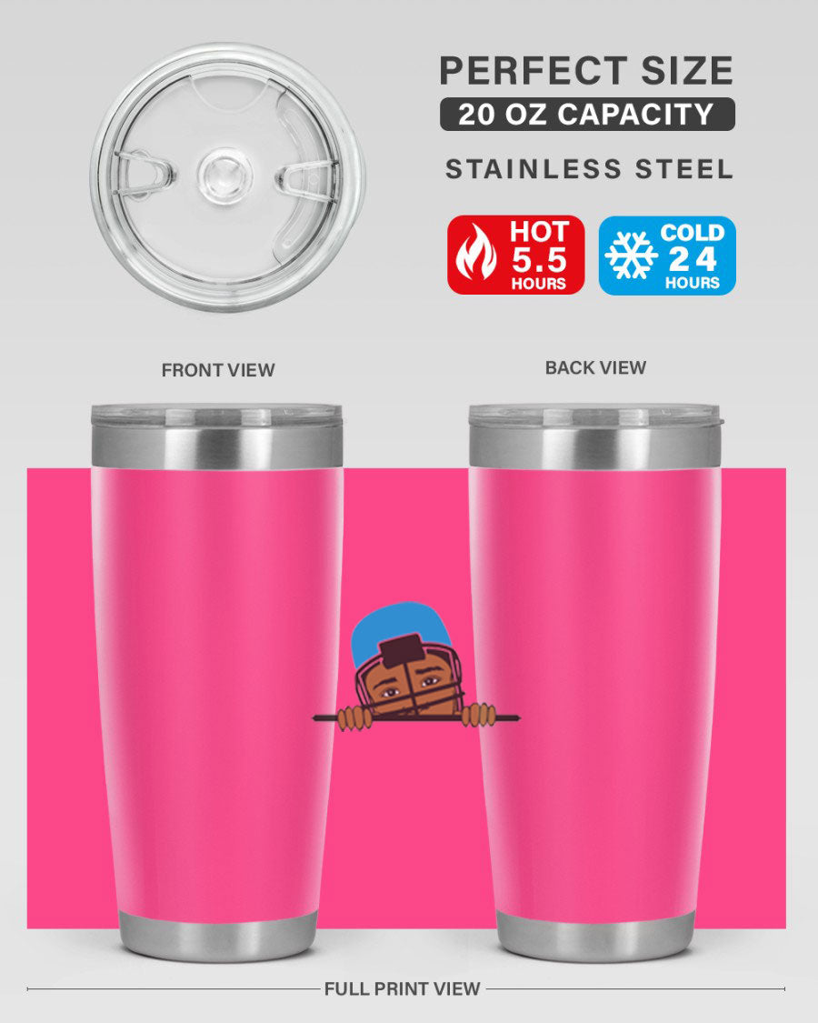 Black boy tumbler in 20oz and 30oz sizes, showcasing double wall vacuum stainless steel design with copper lining.