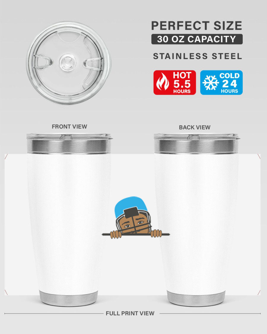 Black boy tumbler in 20oz and 30oz sizes, showcasing double wall vacuum stainless steel design with copper lining.