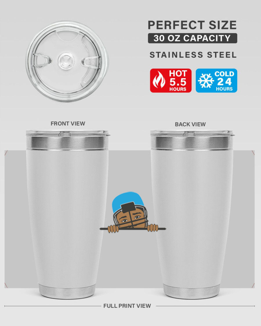Black boy tumbler in 20oz and 30oz sizes, showcasing double wall vacuum stainless steel design with copper lining.