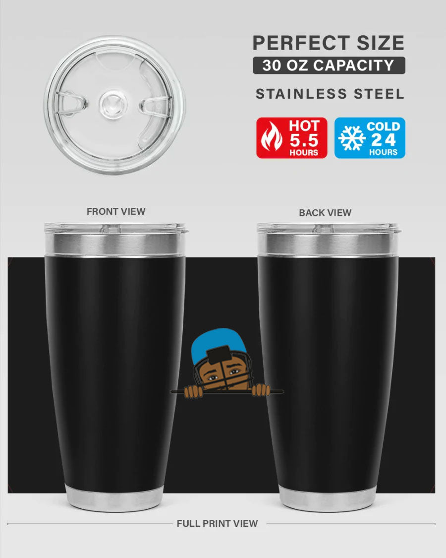 Black boy tumbler in 20oz and 30oz sizes, showcasing double wall vacuum stainless steel design with copper lining.