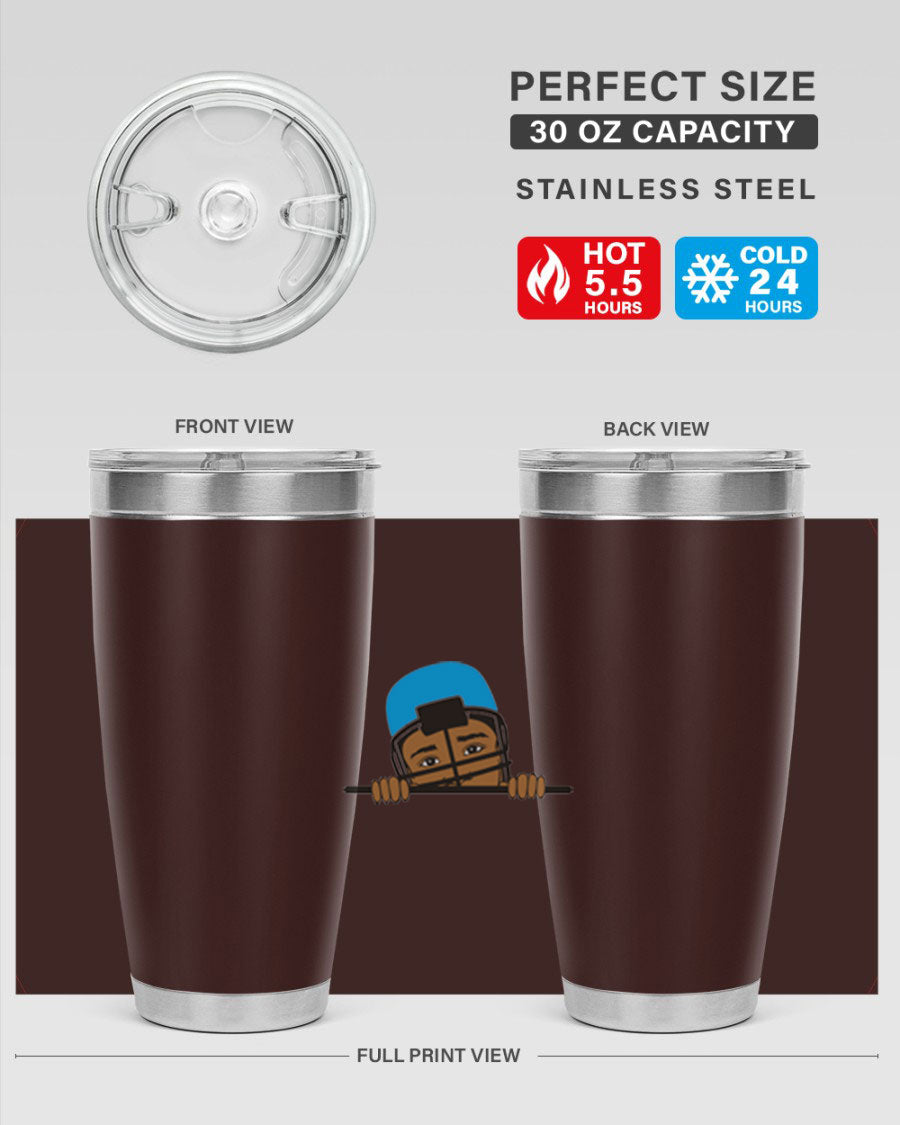 Black boy tumbler in 20oz and 30oz sizes, showcasing double wall vacuum stainless steel design with copper lining.