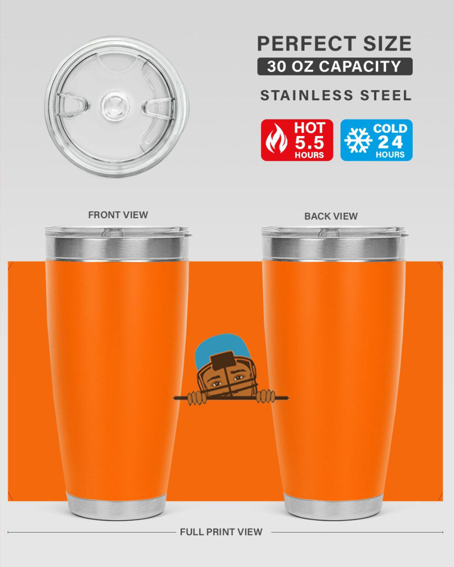 Black boy tumbler in 20oz and 30oz sizes, showcasing double wall vacuum stainless steel design with copper lining.