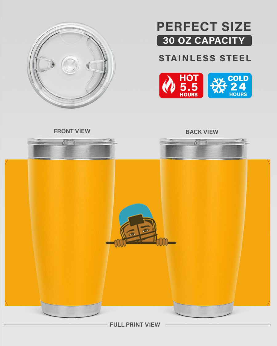 Black boy tumbler in 20oz and 30oz sizes, showcasing double wall vacuum stainless steel design with copper lining.