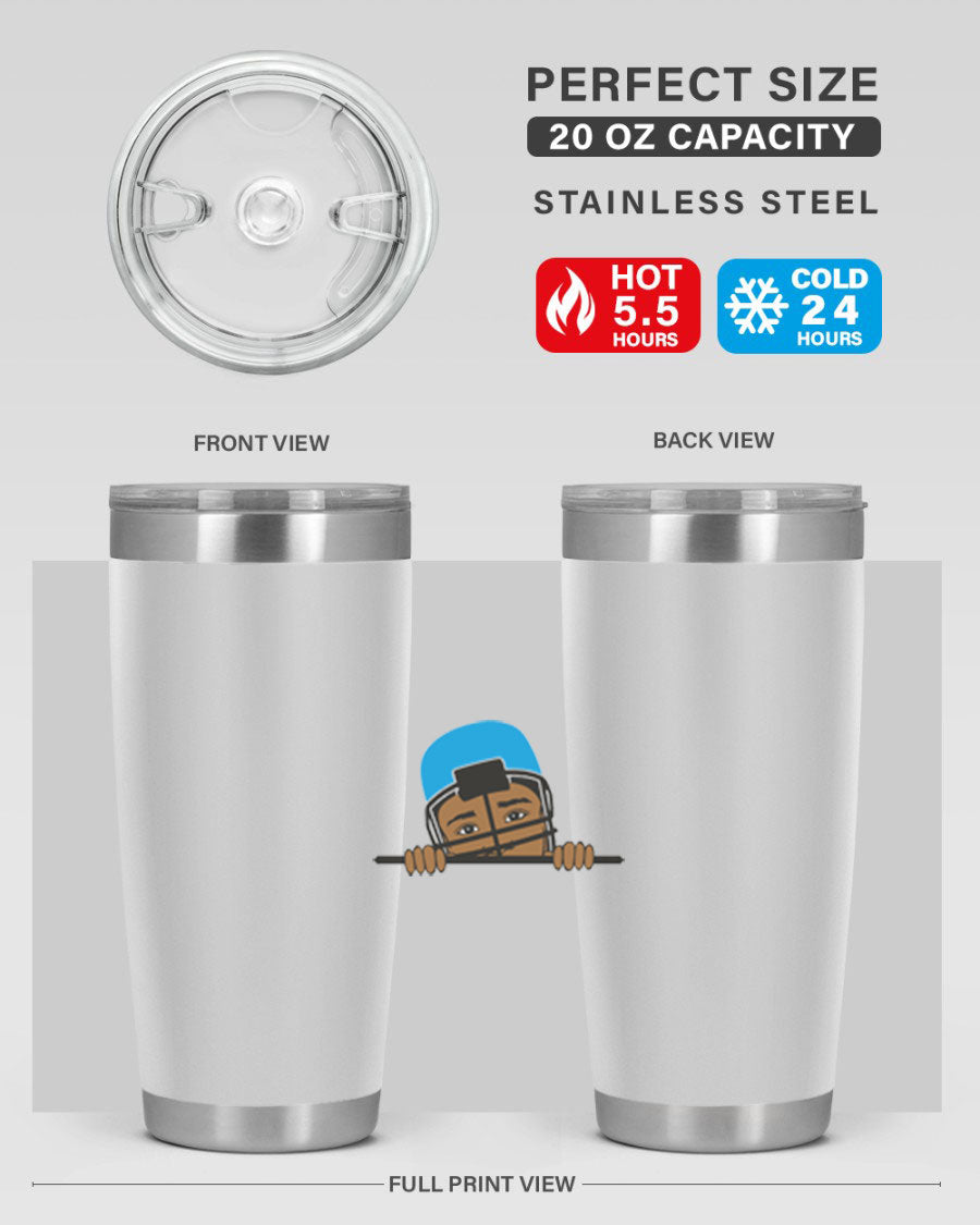 Black boy tumbler in 20oz and 30oz sizes, showcasing double wall vacuum stainless steel design with copper lining.