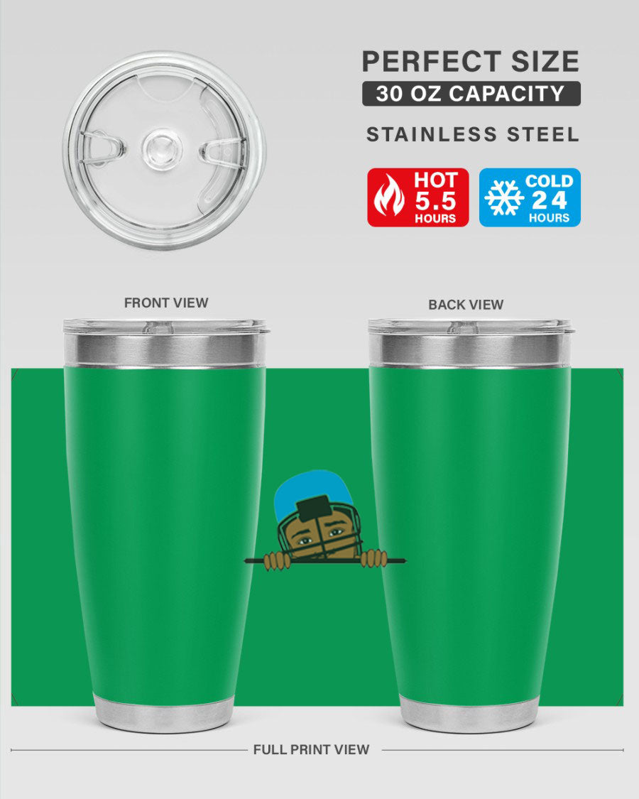Black boy tumbler in 20oz and 30oz sizes, showcasing double wall vacuum stainless steel design with copper lining.