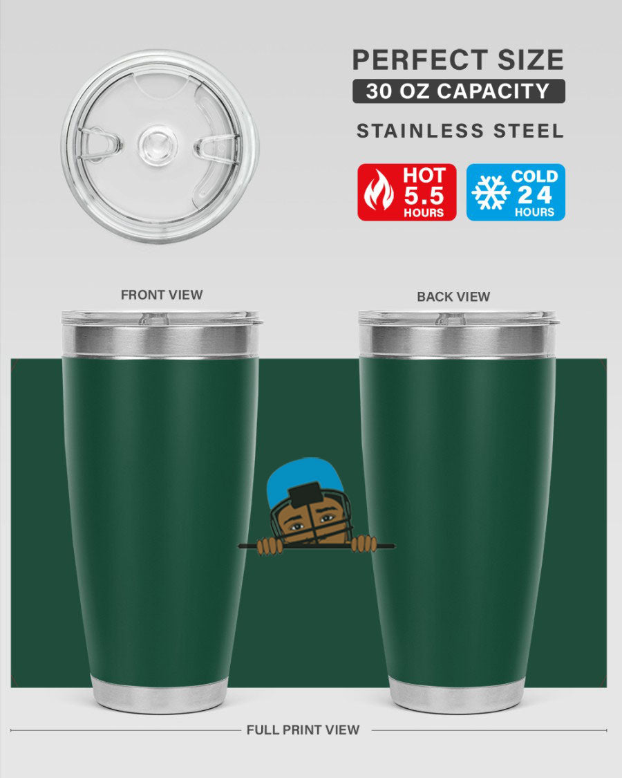 Black boy tumbler in 20oz and 30oz sizes, showcasing double wall vacuum stainless steel design with copper lining.