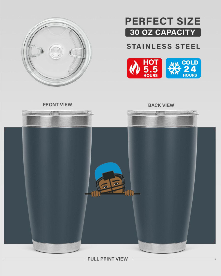 Black boy tumbler in 20oz and 30oz sizes, showcasing double wall vacuum stainless steel design with copper lining.