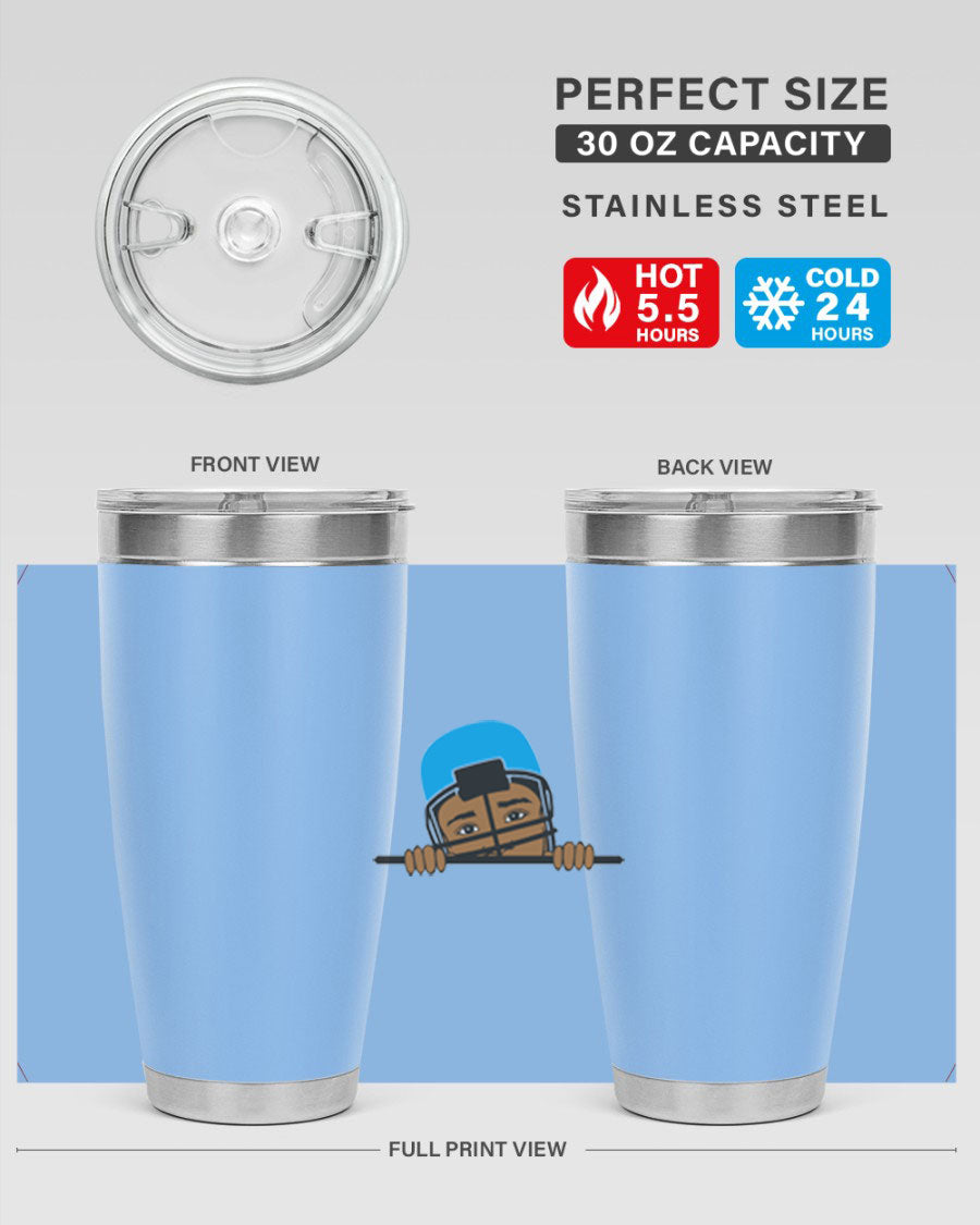 Black boy tumbler in 20oz and 30oz sizes, showcasing double wall vacuum stainless steel design with copper lining.