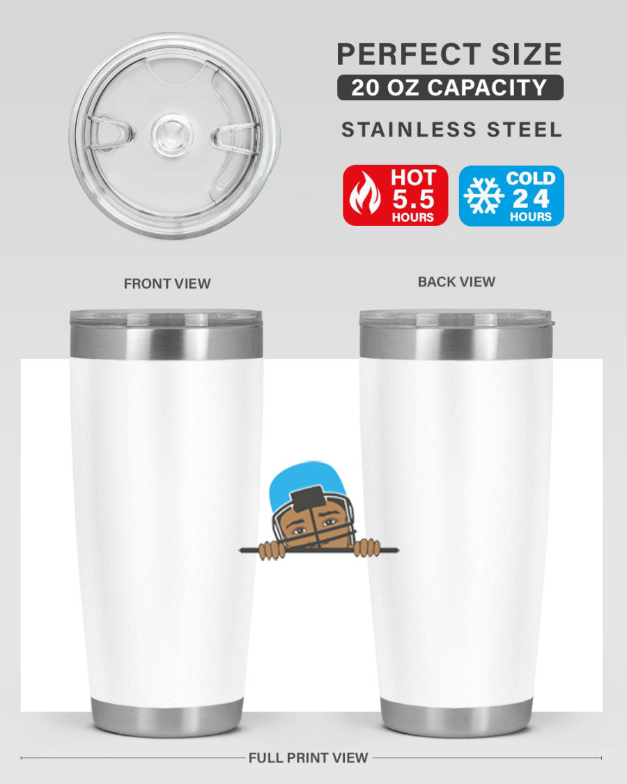Black boy tumbler in 20oz and 30oz sizes, showcasing double wall vacuum stainless steel design with copper lining.