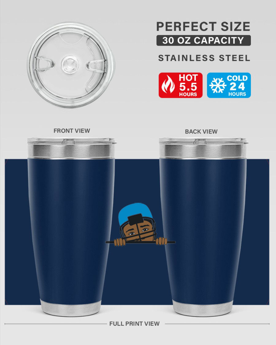 Black boy tumbler in 20oz and 30oz sizes, showcasing double wall vacuum stainless steel design with copper lining.