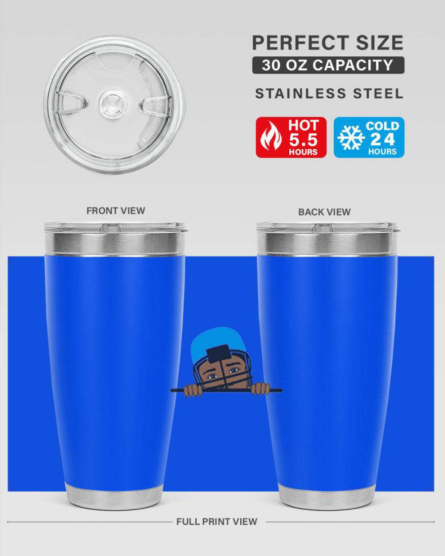 Black boy tumbler in 20oz and 30oz sizes, showcasing double wall vacuum stainless steel design with copper lining.