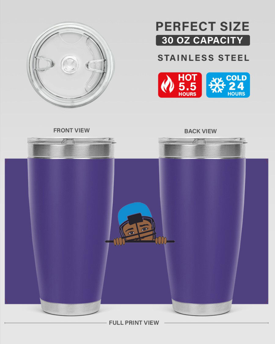 Black boy tumbler in 20oz and 30oz sizes, showcasing double wall vacuum stainless steel design with copper lining.