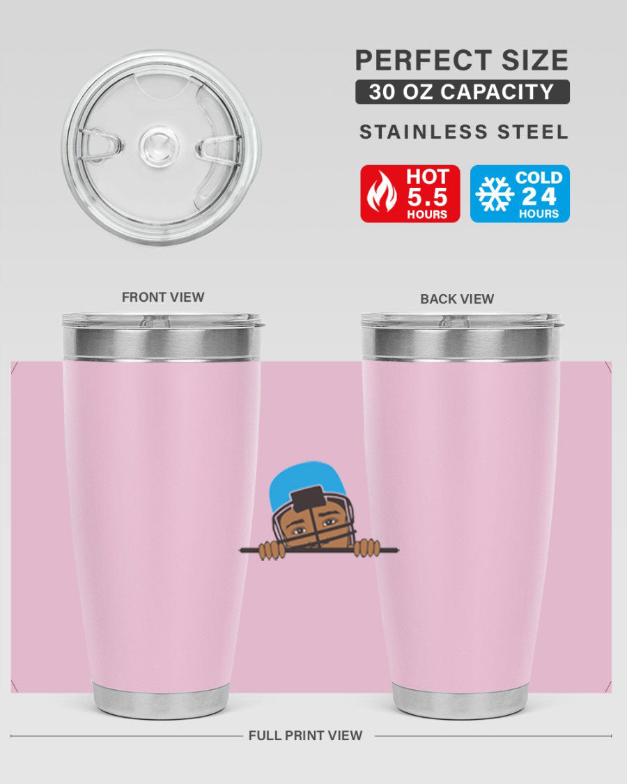 Black boy tumbler in 20oz and 30oz sizes, showcasing double wall vacuum stainless steel design with copper lining.