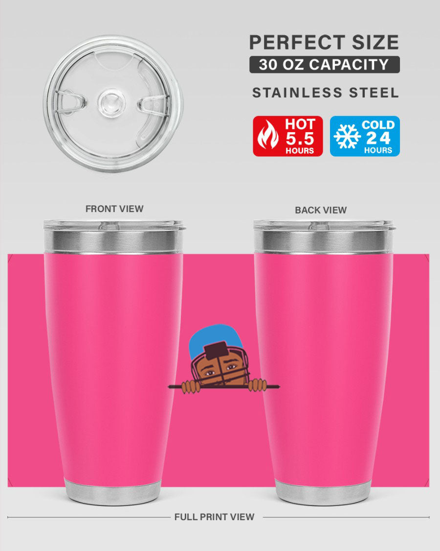 Black boy tumbler in 20oz and 30oz sizes, showcasing double wall vacuum stainless steel design with copper lining.