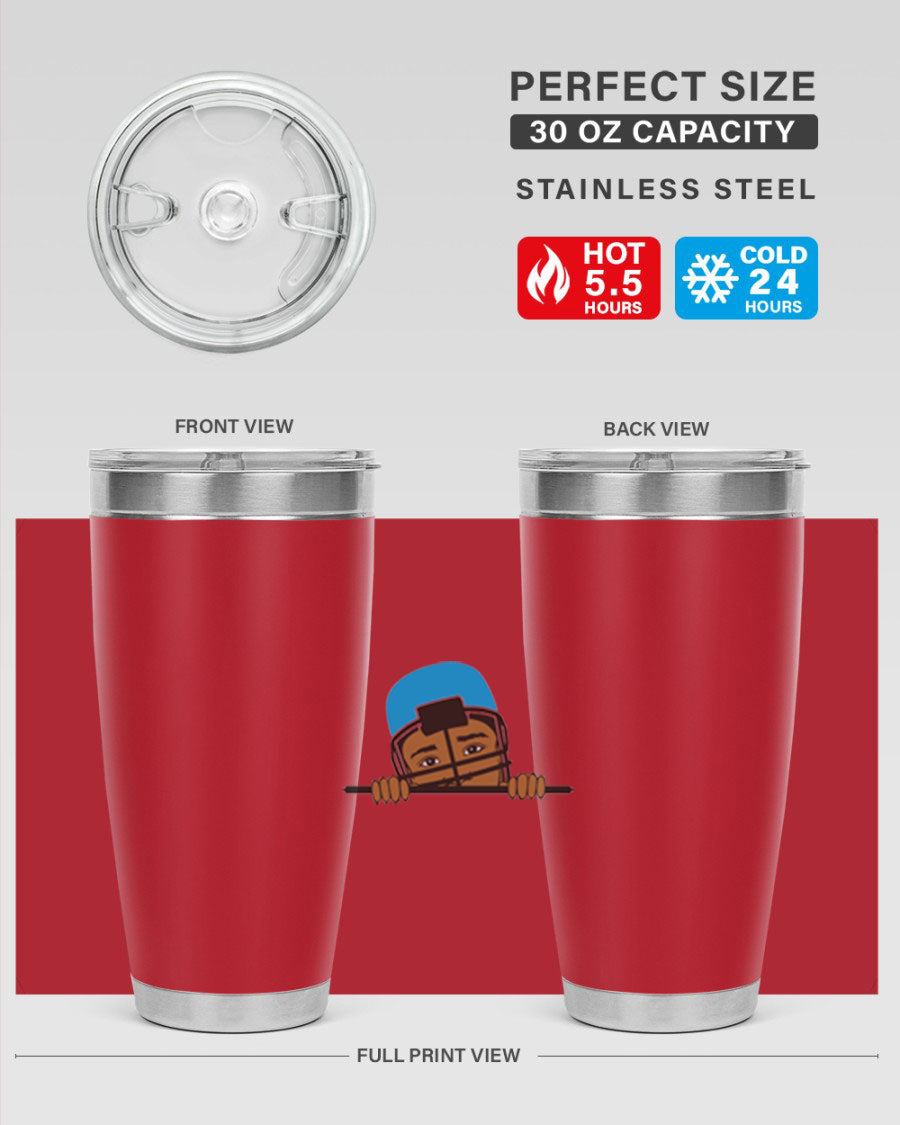 Black boy tumbler in 20oz and 30oz sizes, showcasing double wall vacuum stainless steel design with copper lining.