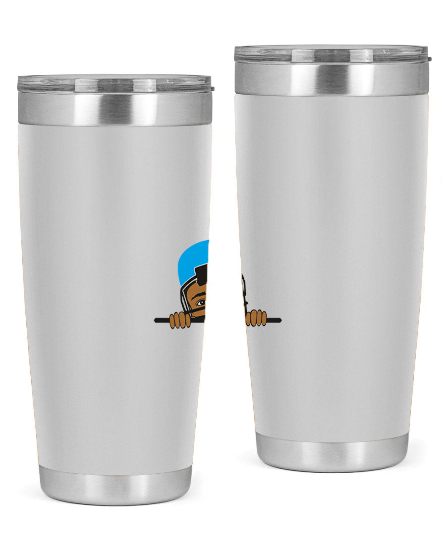 Black boy tumbler in 20oz and 30oz sizes, showcasing double wall vacuum stainless steel design with copper lining.