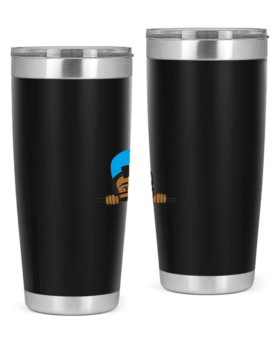Black boy tumbler in 20oz and 30oz sizes, showcasing double wall vacuum stainless steel design with copper lining.