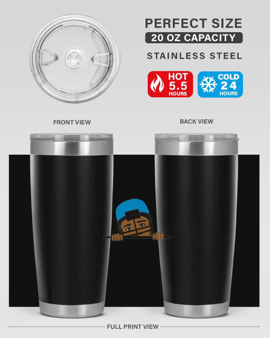 Black boy tumbler in 20oz and 30oz sizes, showcasing double wall vacuum stainless steel design with copper lining.