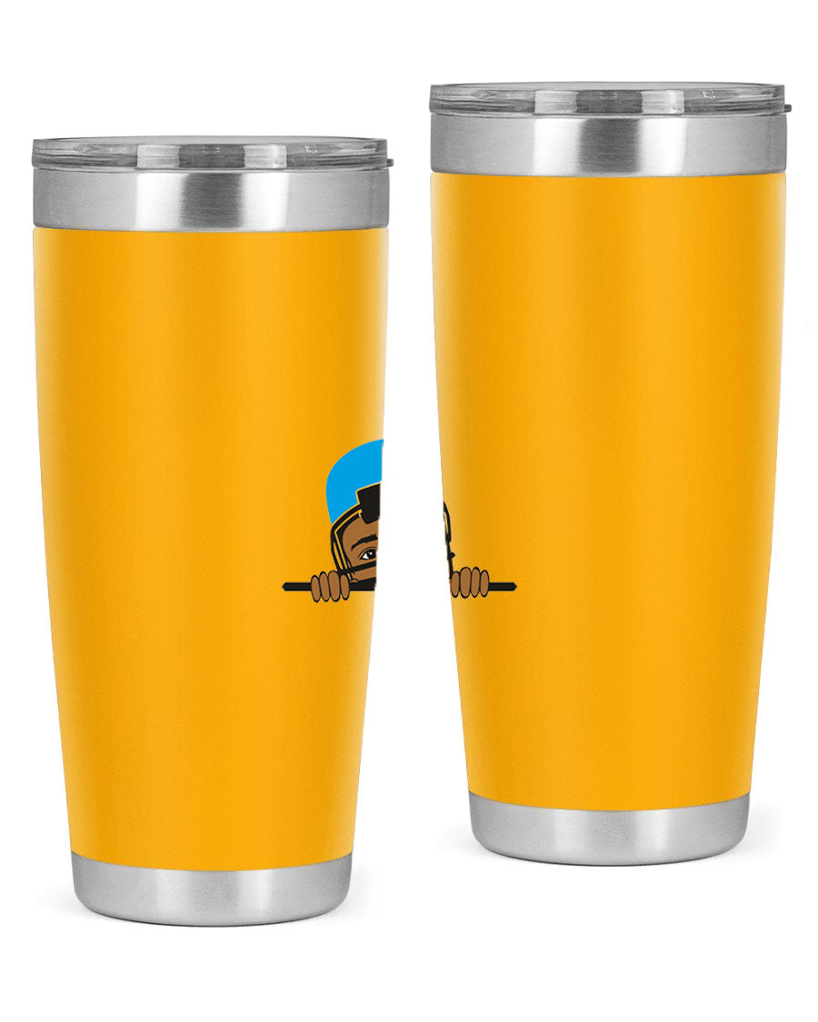 Black boy tumbler in 20oz and 30oz sizes, showcasing double wall vacuum stainless steel design with copper lining.