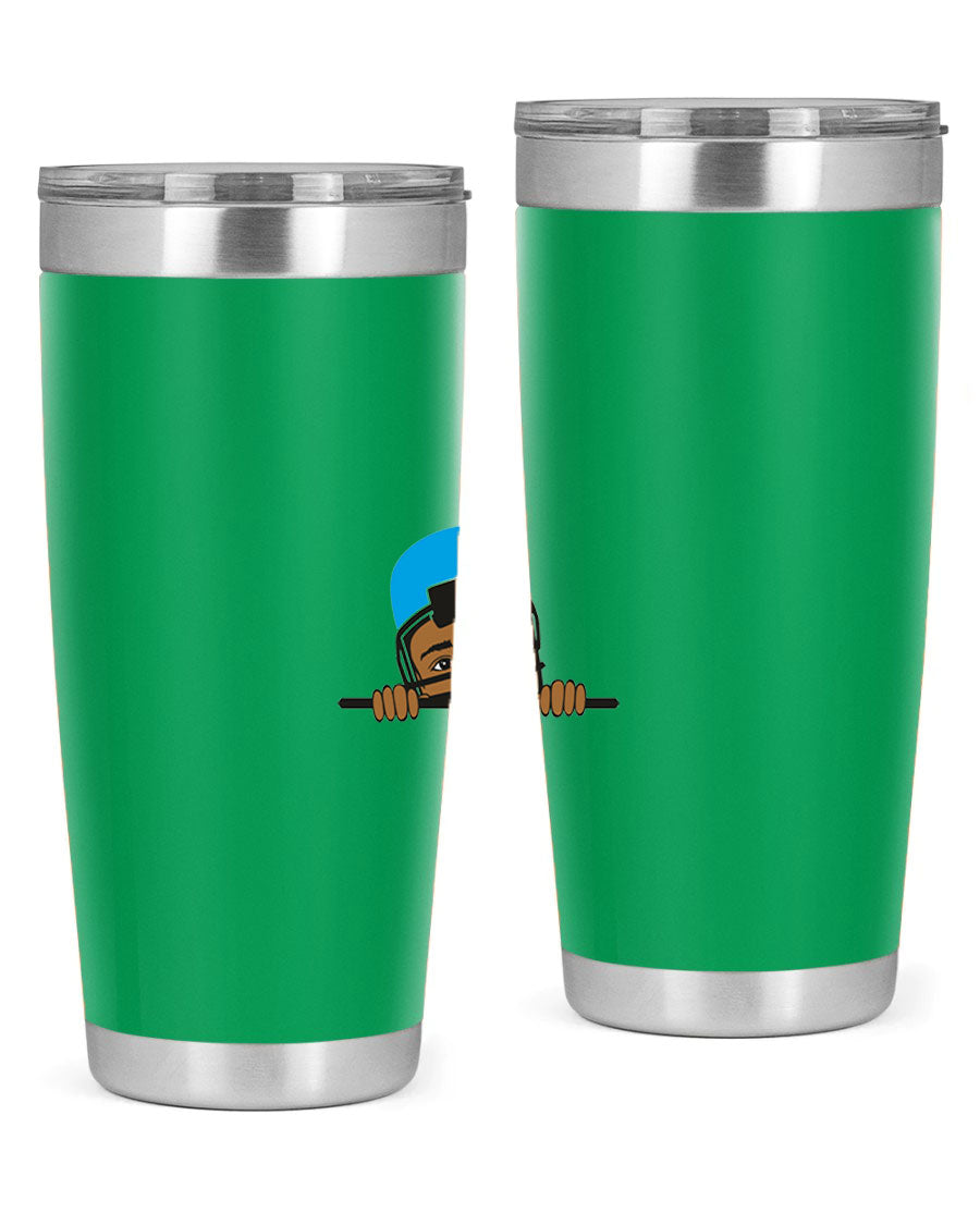 Black boy tumbler in 20oz and 30oz sizes, showcasing double wall vacuum stainless steel design with copper lining.