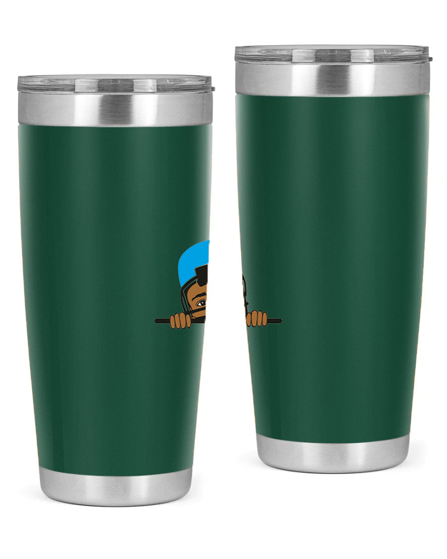 Black boy tumbler in 20oz and 30oz sizes, showcasing double wall vacuum stainless steel design with copper lining.