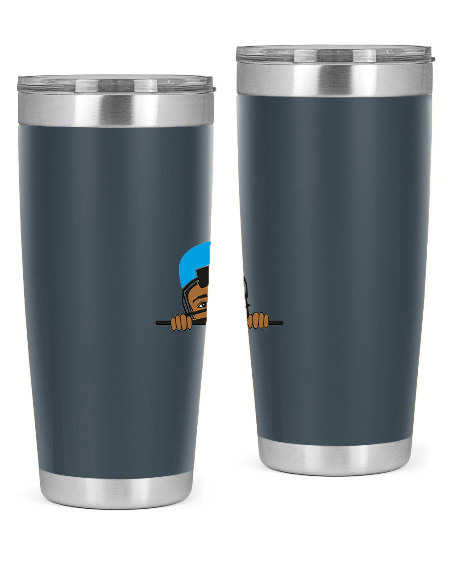 Black boy tumbler in 20oz and 30oz sizes, showcasing double wall vacuum stainless steel design with copper lining.