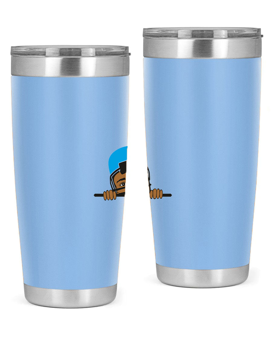 Black boy tumbler in 20oz and 30oz sizes, showcasing double wall vacuum stainless steel design with copper lining.