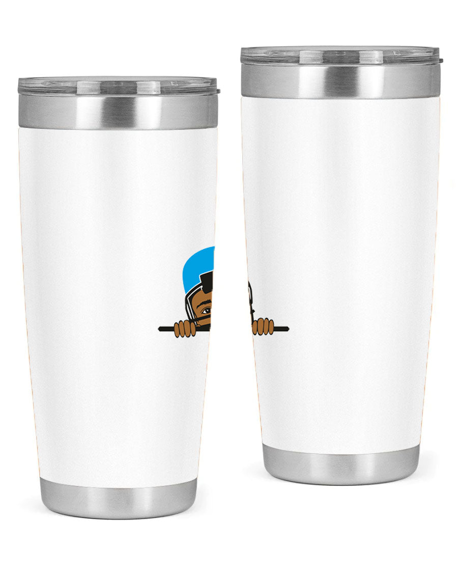 Black boy tumbler in 20oz and 30oz sizes, showcasing double wall vacuum stainless steel design with copper lining.