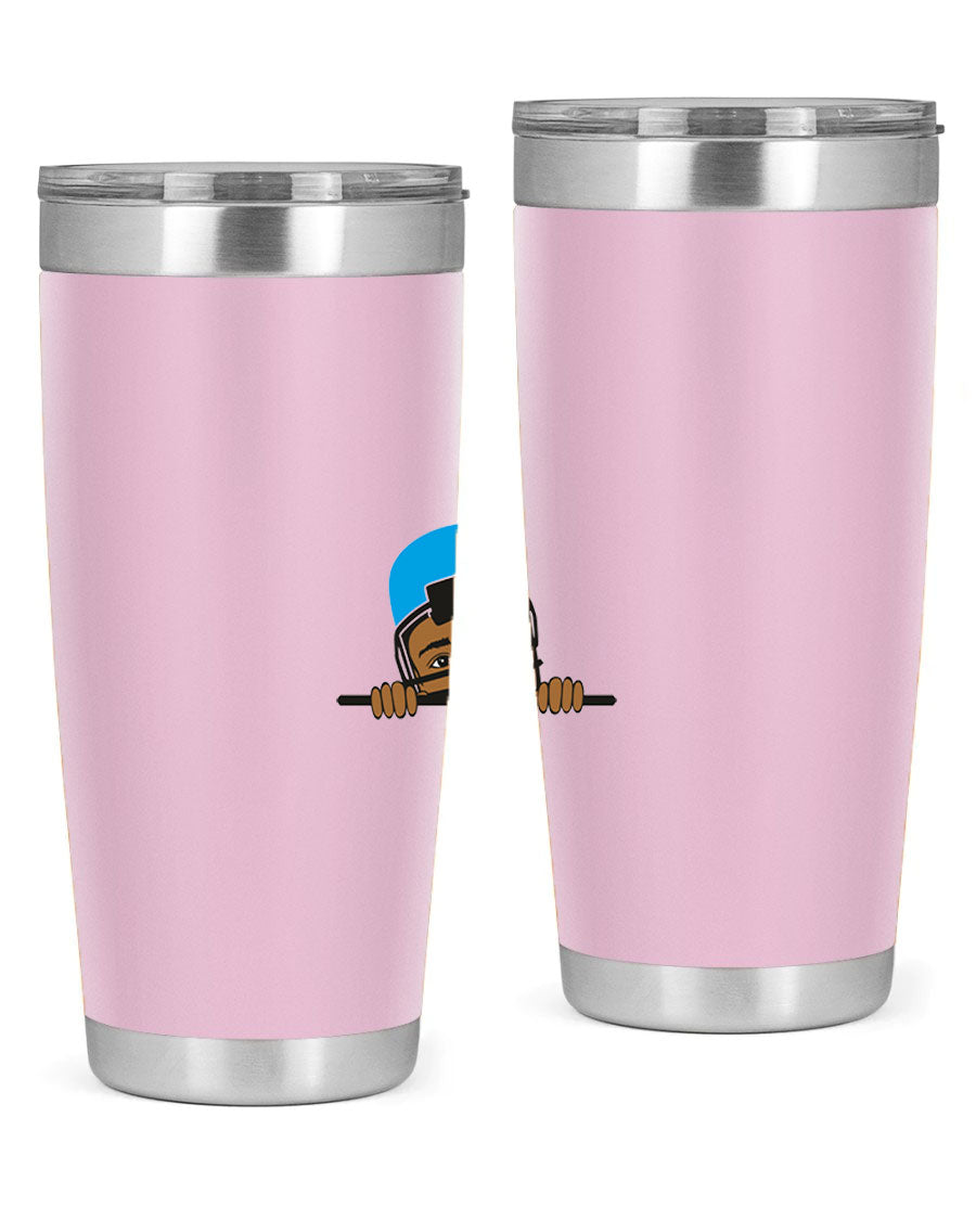 Black boy tumbler in 20oz and 30oz sizes, showcasing double wall vacuum stainless steel design with copper lining.