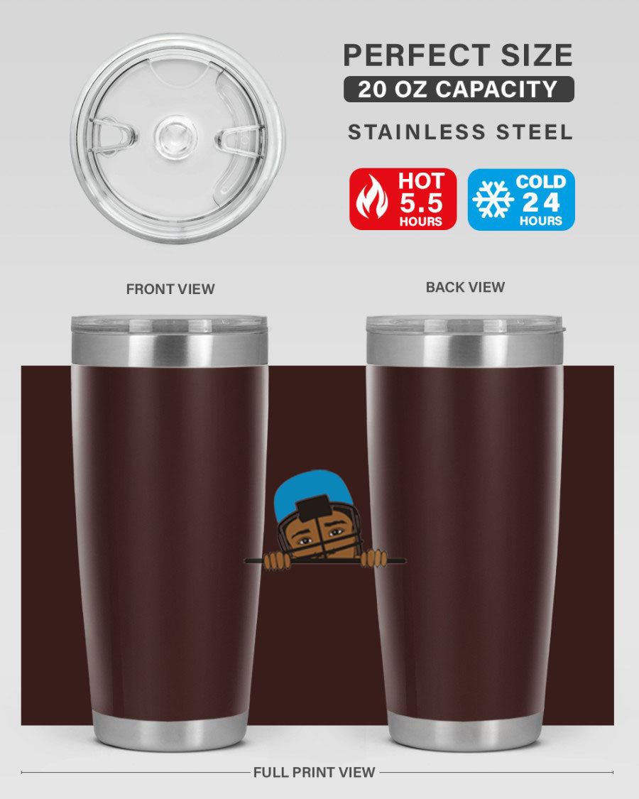 Black boy tumbler in 20oz and 30oz sizes, showcasing double wall vacuum stainless steel design with copper lining.