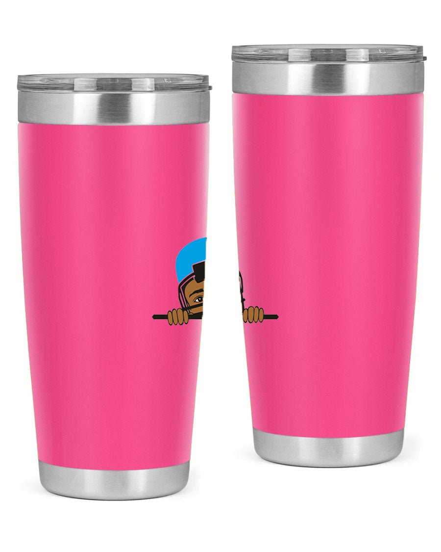 Black boy tumbler in 20oz and 30oz sizes, showcasing double wall vacuum stainless steel design with copper lining.