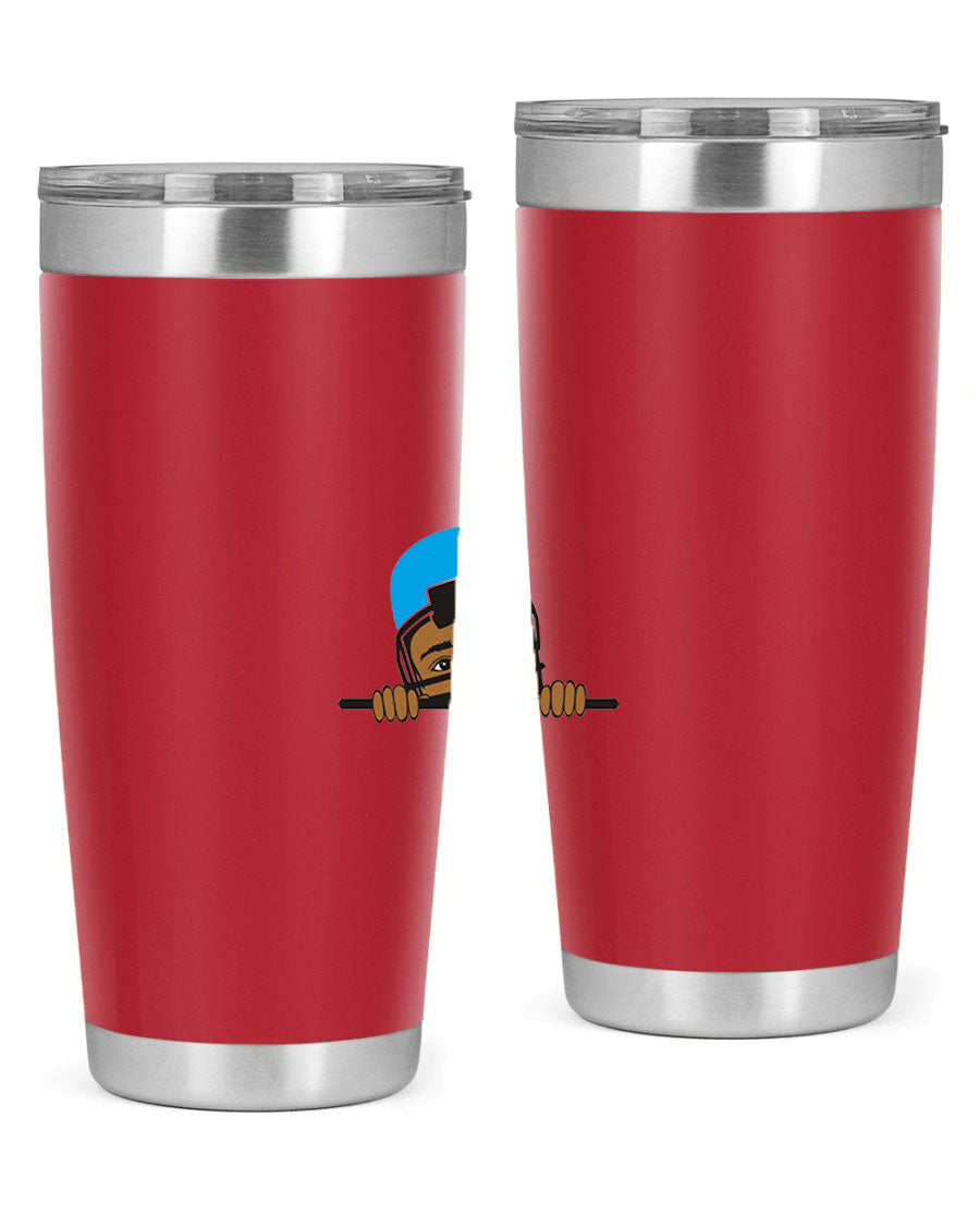 Black boy tumbler in 20oz and 30oz sizes, showcasing double wall vacuum stainless steel design with copper lining.
