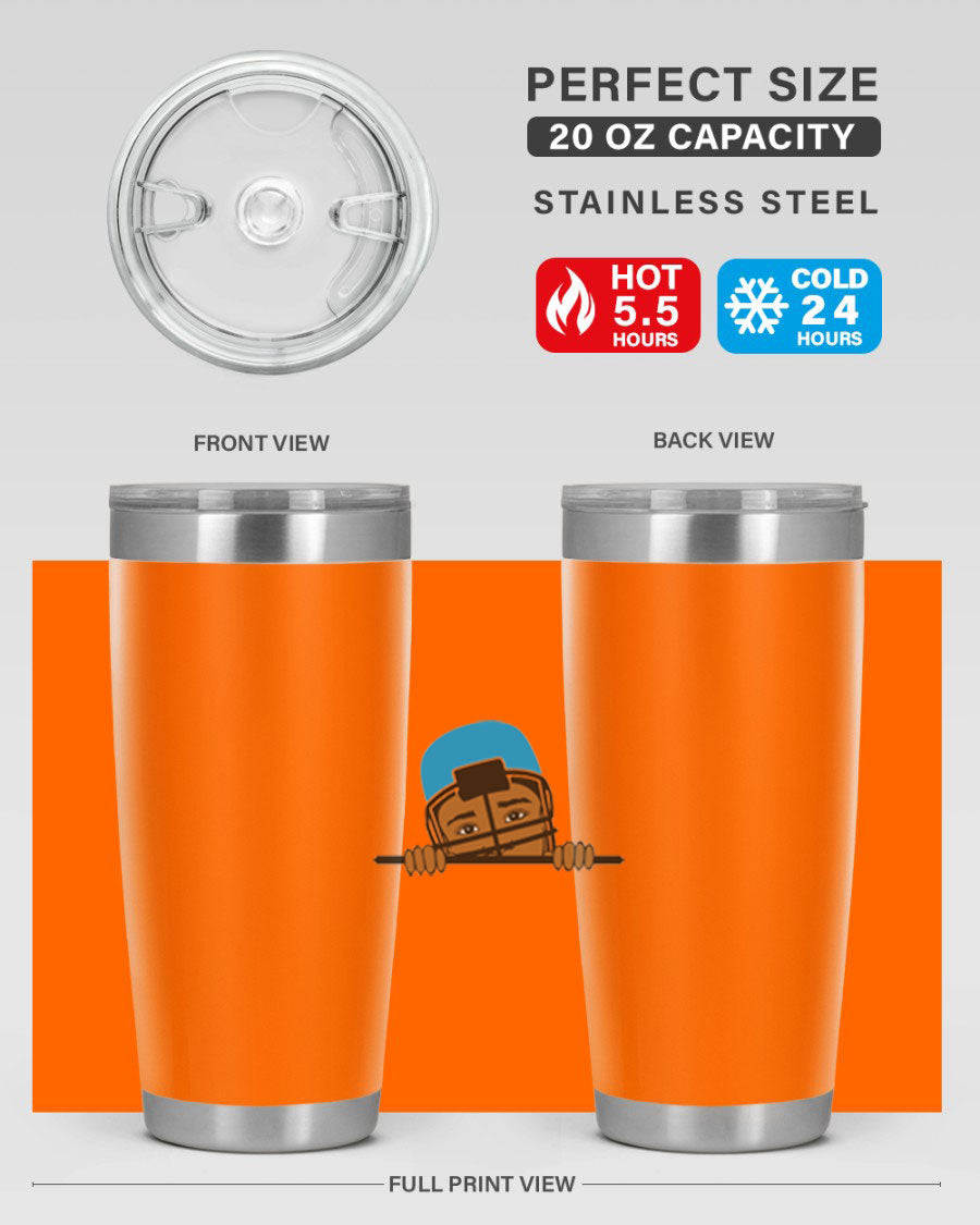 Black boy tumbler in 20oz and 30oz sizes, showcasing double wall vacuum stainless steel design with copper lining.