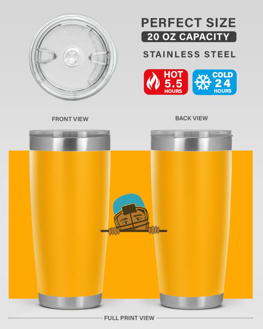 Black boy tumbler in 20oz and 30oz sizes, showcasing double wall vacuum stainless steel design with copper lining.