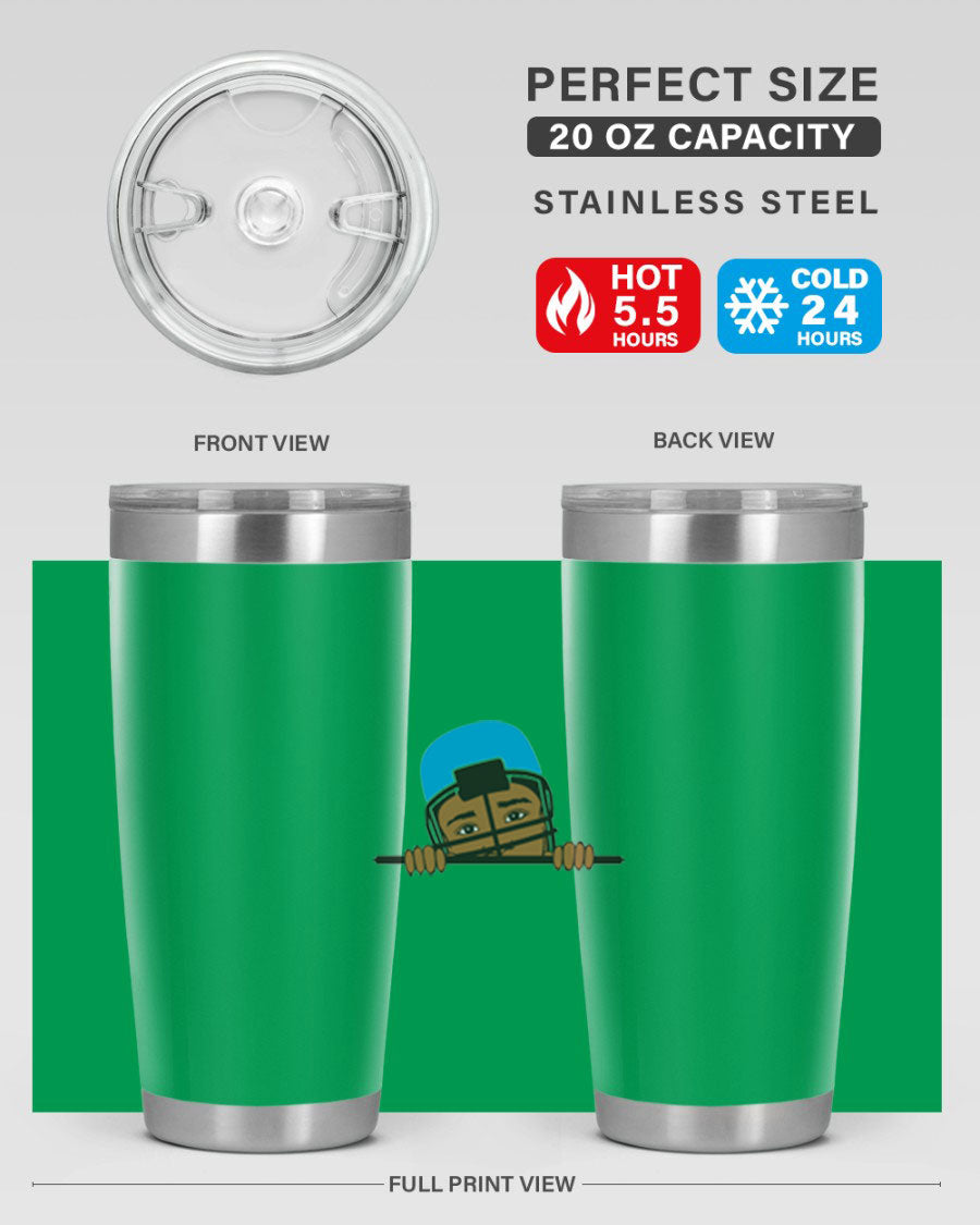 Black boy tumbler in 20oz and 30oz sizes, showcasing double wall vacuum stainless steel design with copper lining.