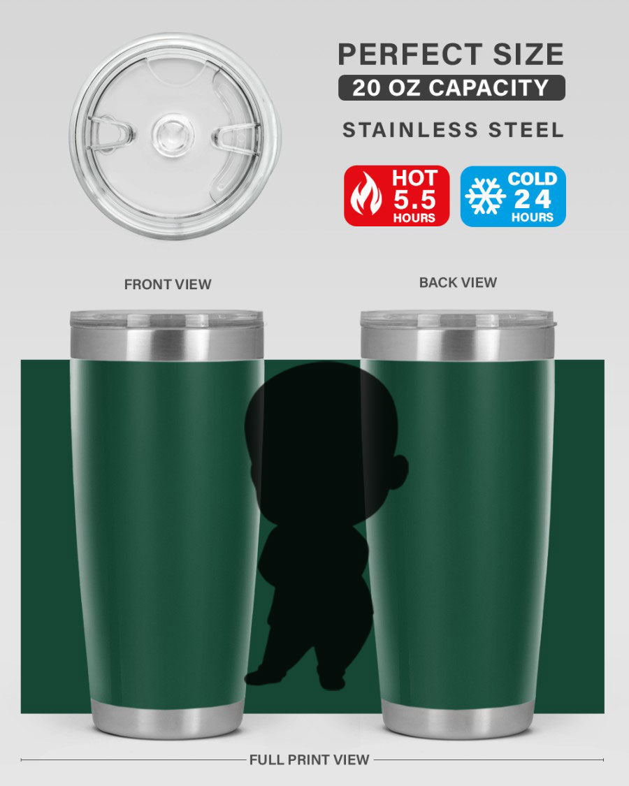 Black boy 21# tumbler in 20oz and 30oz sizes, showcasing double wall vacuum stainless steel design with a drink-thru lid.