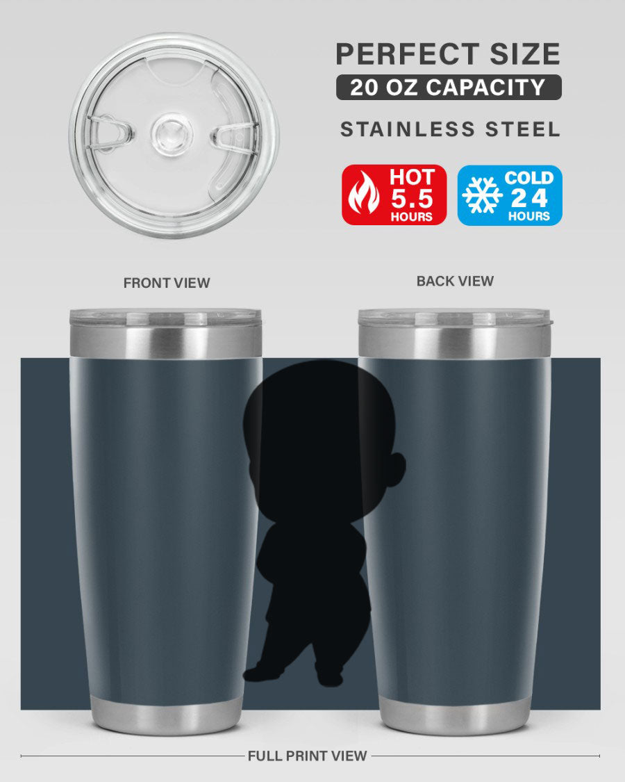 Black boy 21# tumbler in 20oz and 30oz sizes, showcasing double wall vacuum stainless steel design with a drink-thru lid.