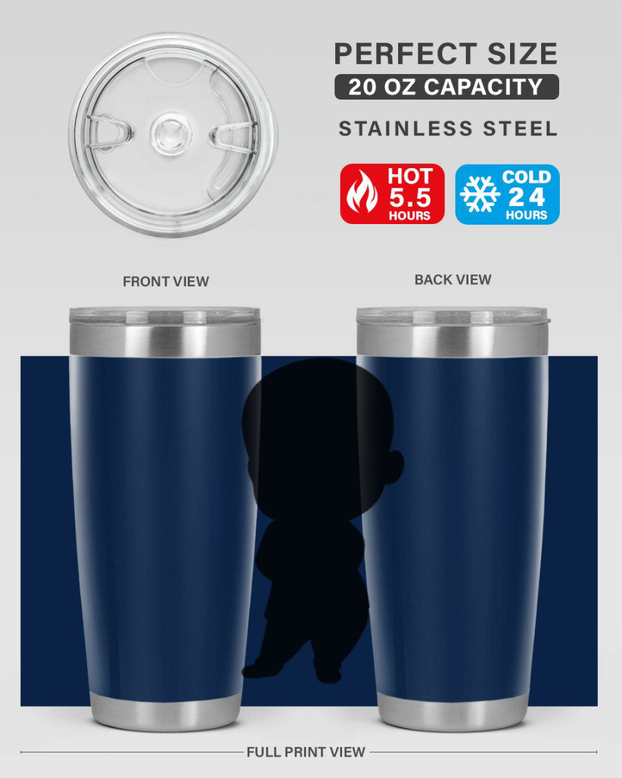 Black boy 21# tumbler in 20oz and 30oz sizes, showcasing double wall vacuum stainless steel design with a drink-thru lid.
