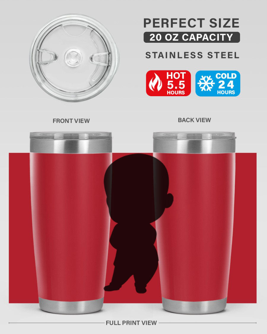 Black boy 21# tumbler in 20oz and 30oz sizes, showcasing double wall vacuum stainless steel design with a drink-thru lid.