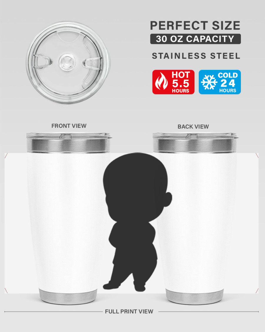 Black boy 21# tumbler in 20oz and 30oz sizes, showcasing double wall vacuum stainless steel design with a drink-thru lid.