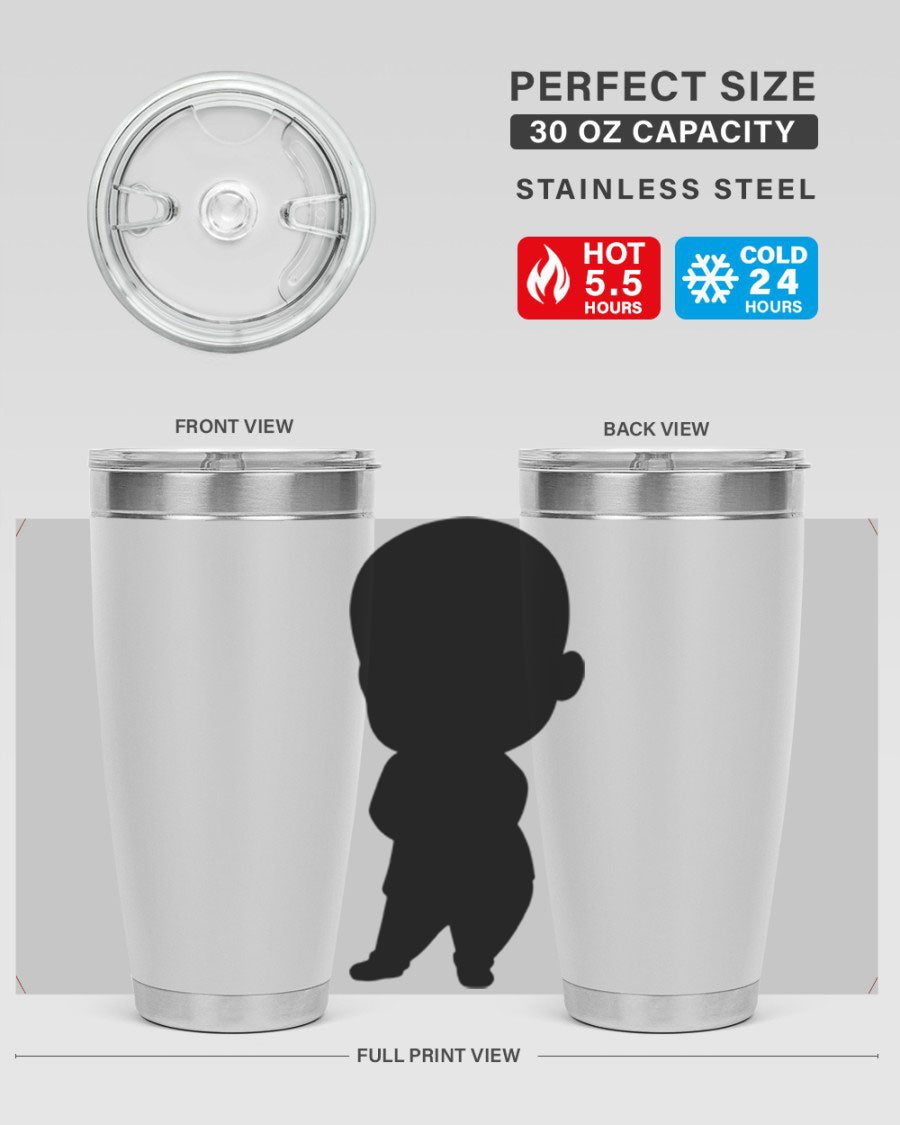 Black boy 21# tumbler in 20oz and 30oz sizes, showcasing double wall vacuum stainless steel design with a drink-thru lid.
