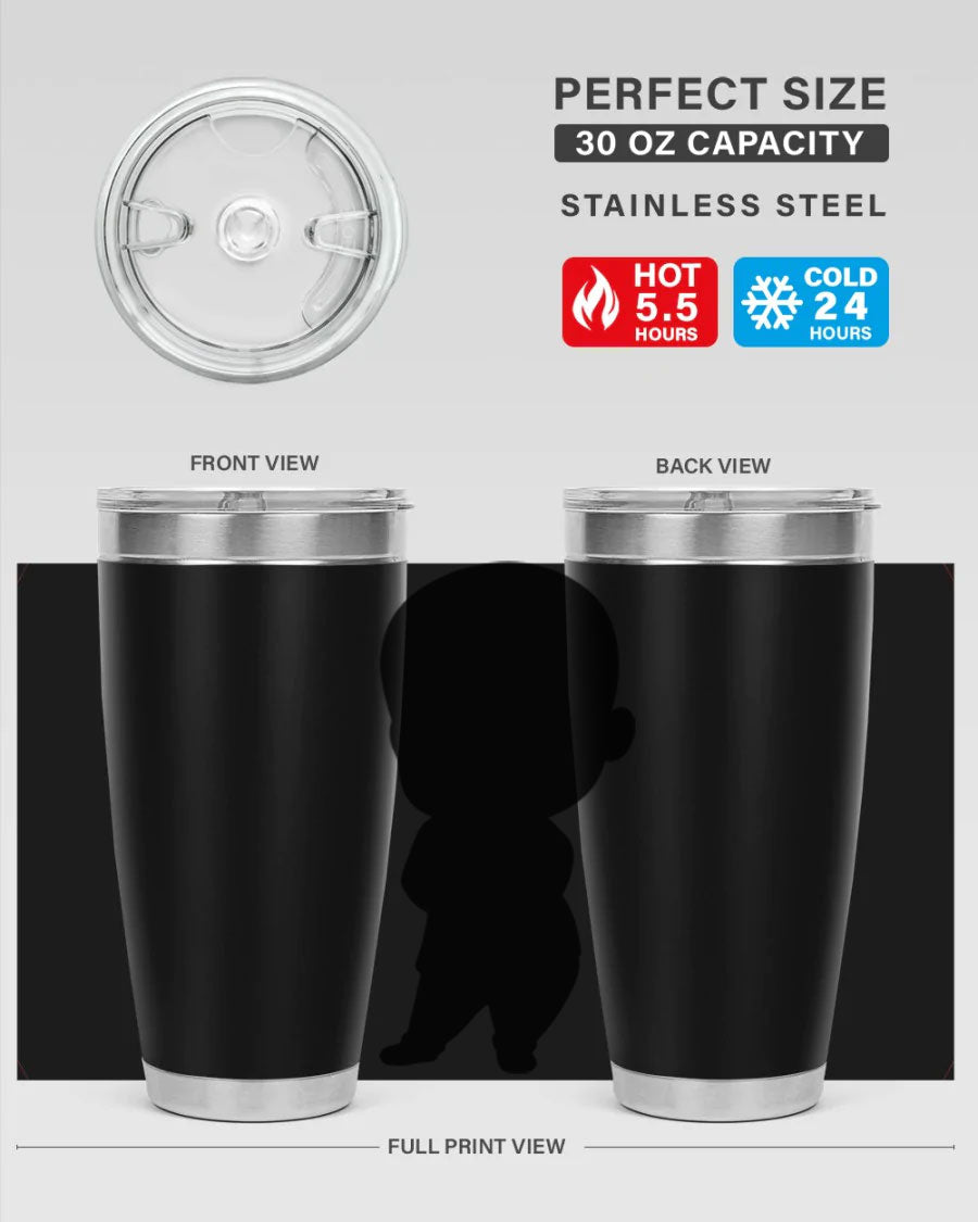 Black boy 21# tumbler in 20oz and 30oz sizes, showcasing double wall vacuum stainless steel design with a drink-thru lid.