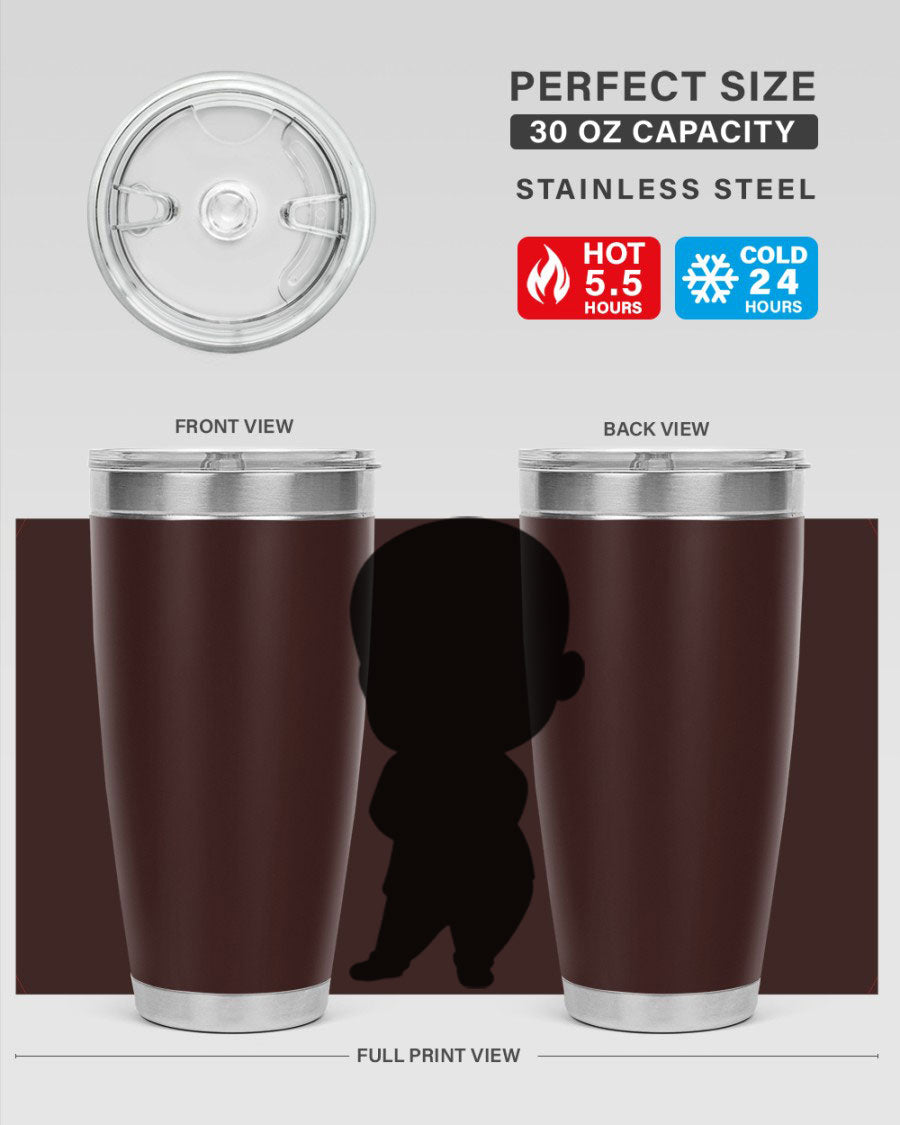 Black boy 21# tumbler in 20oz and 30oz sizes, showcasing double wall vacuum stainless steel design with a drink-thru lid.