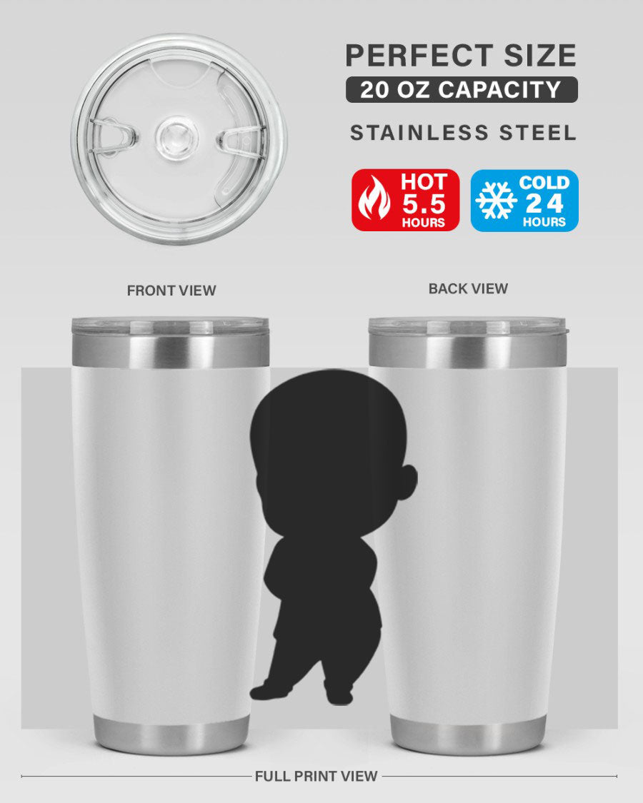 Black boy 21# tumbler in 20oz and 30oz sizes, showcasing double wall vacuum stainless steel design with a drink-thru lid.