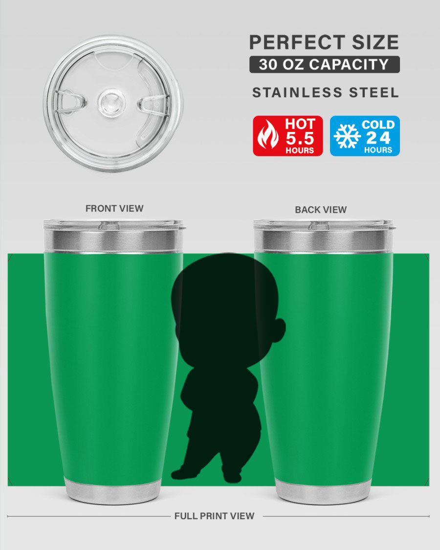 Black boy 21# tumbler in 20oz and 30oz sizes, showcasing double wall vacuum stainless steel design with a drink-thru lid.