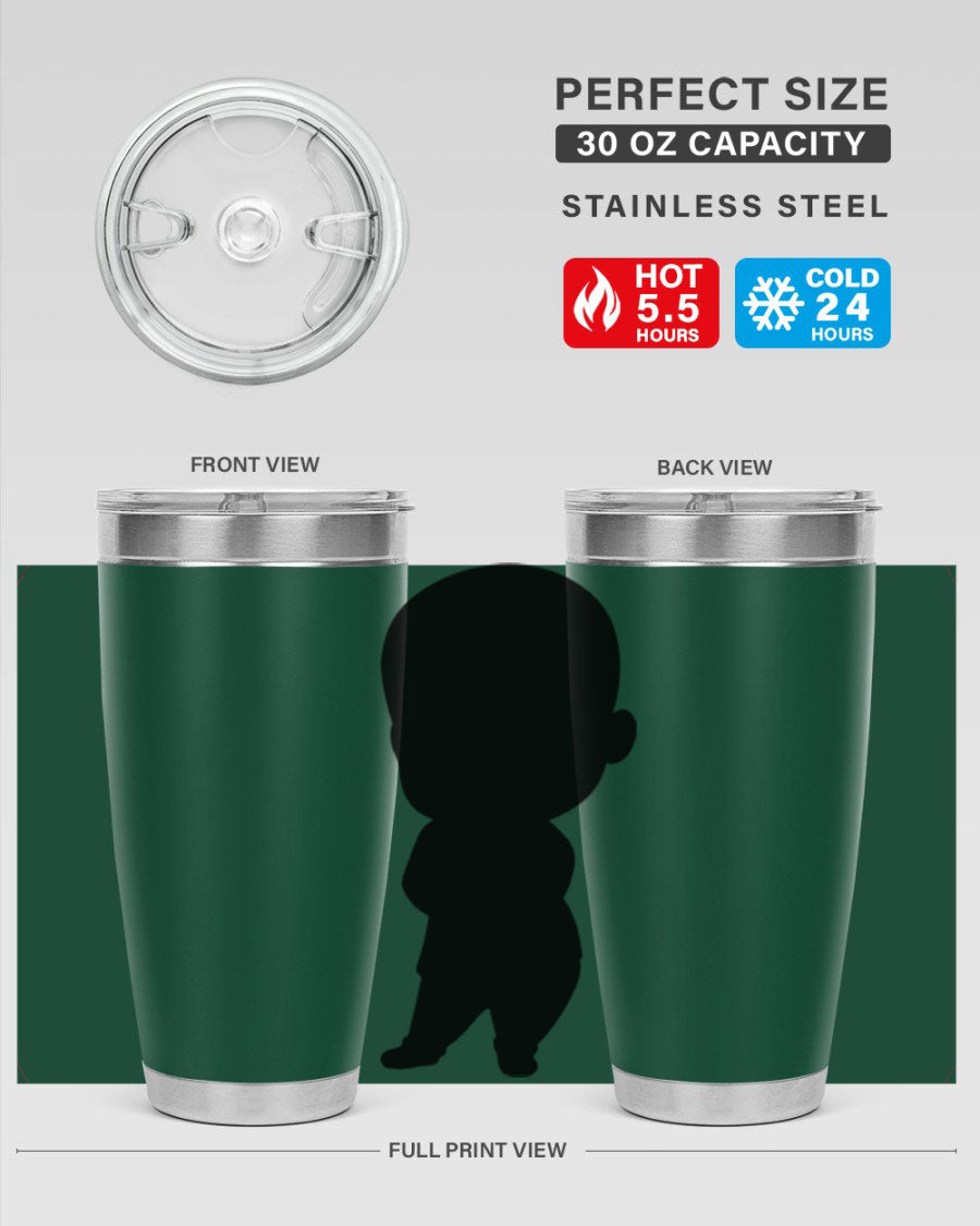 Black boy 21# tumbler in 20oz and 30oz sizes, showcasing double wall vacuum stainless steel design with a drink-thru lid.