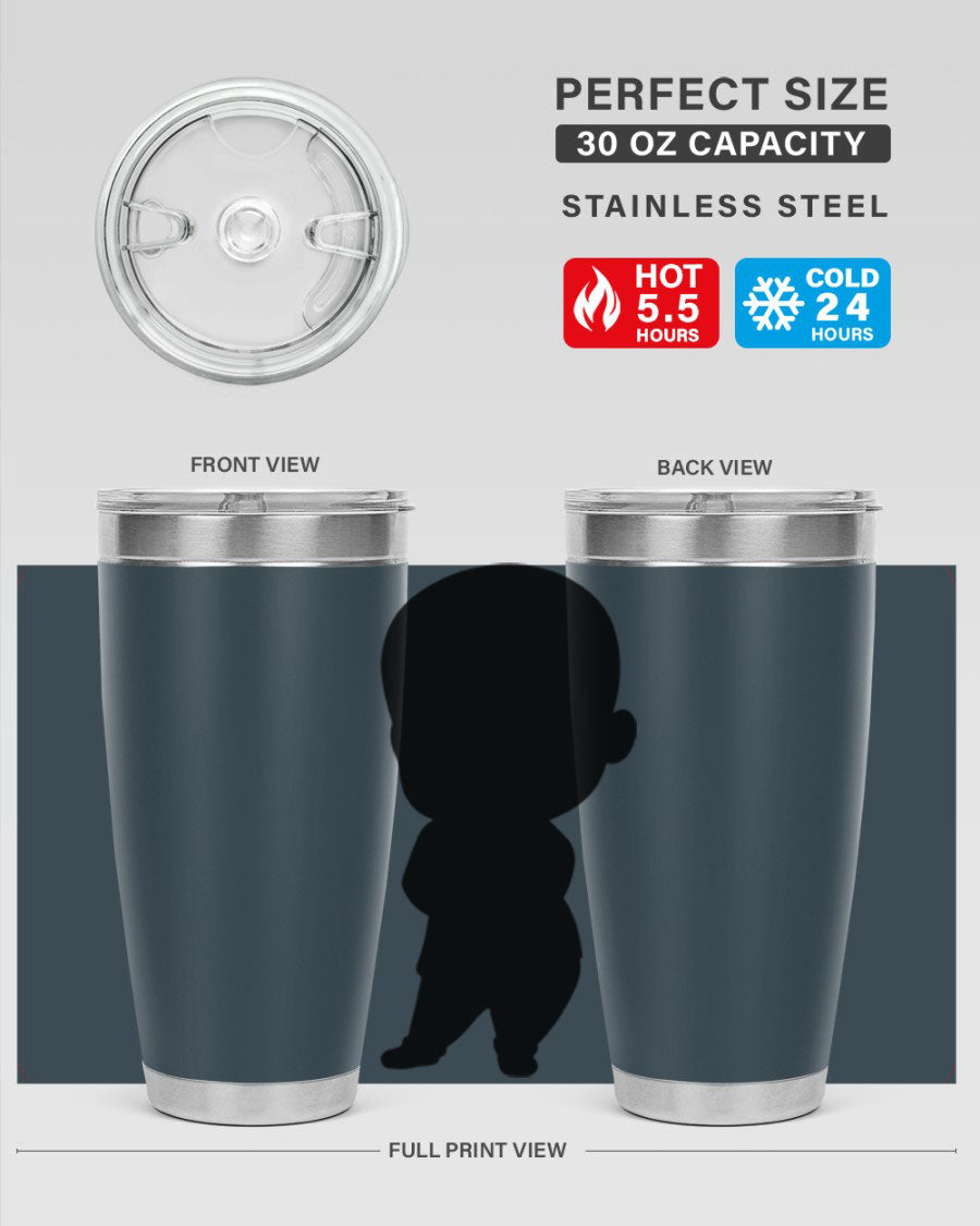 Black boy 21# tumbler in 20oz and 30oz sizes, showcasing double wall vacuum stainless steel design with a drink-thru lid.