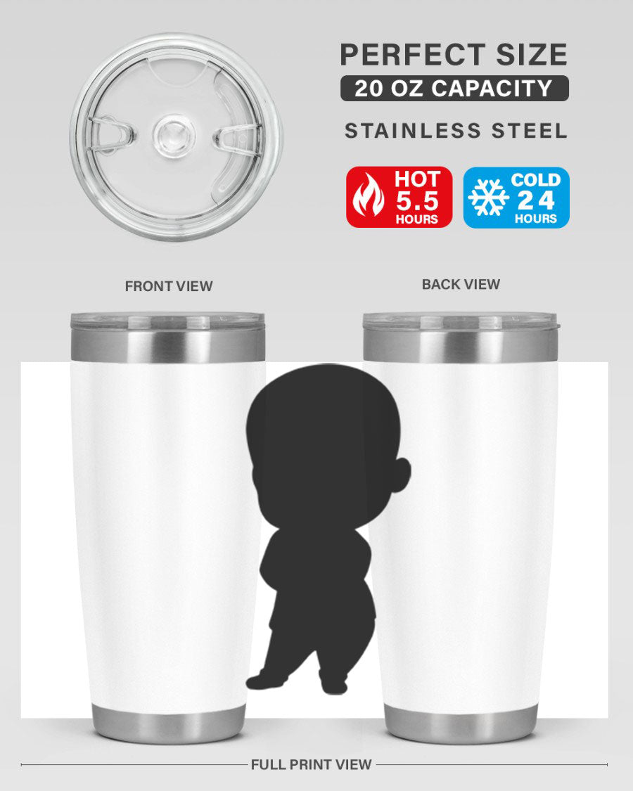 Black boy 21# tumbler in 20oz and 30oz sizes, showcasing double wall vacuum stainless steel design with a drink-thru lid.