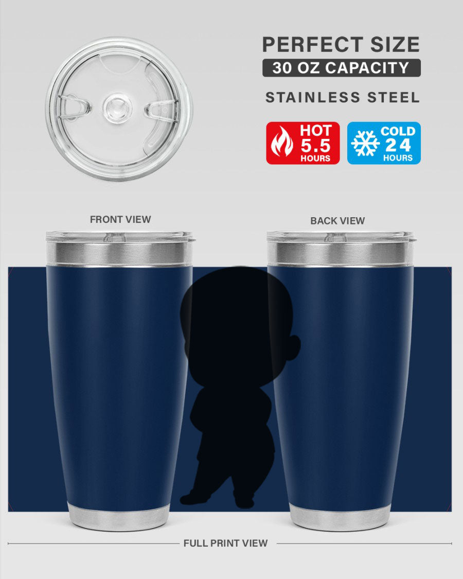 Black boy 21# tumbler in 20oz and 30oz sizes, showcasing double wall vacuum stainless steel design with a drink-thru lid.